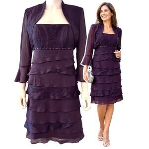 S.L. Fashions 2Pc Purple Tiered Party Dress Jacket Set Size 10 Y2K Wedding Guest